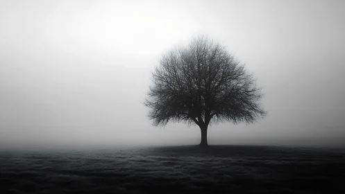 Solitary deciduous tree silhouettes against dense morning fog