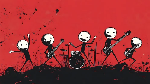 Stick-figure rock band performing on red abstract background
