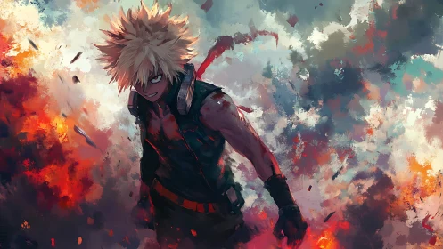Explosive anime antihero amid abstract fiery stormscape.