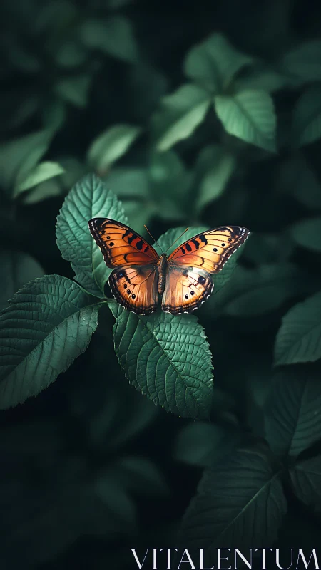 Orange butterfly resting on textured green leaves.