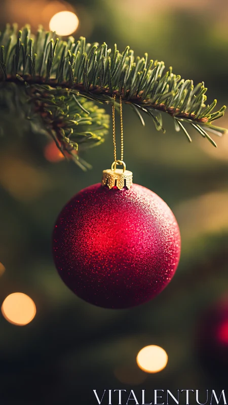 Red Christmas bauble hanging from evergreen branch.