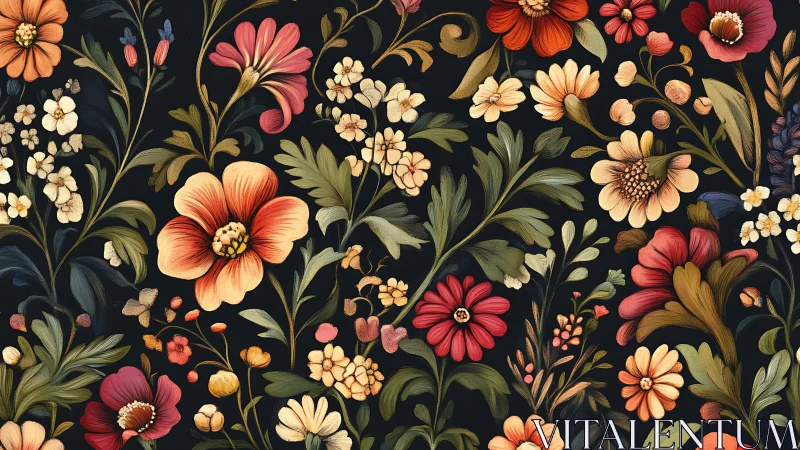 Botanical floral pattern with ornamental flowering plants on dark background.