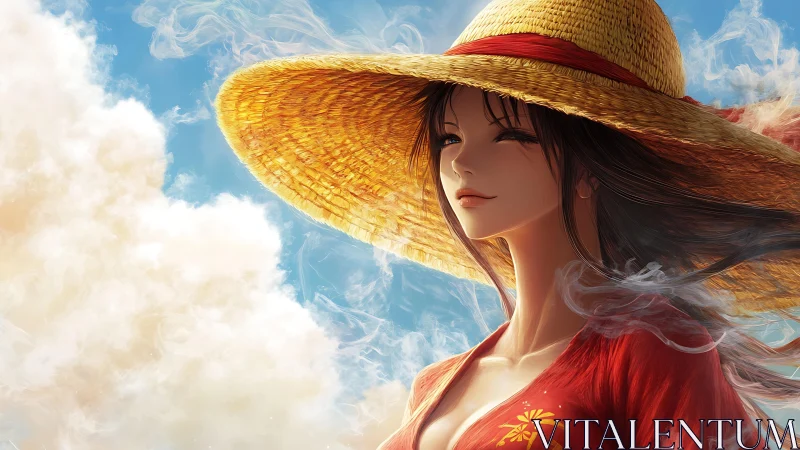 Sunlit anime woman in straw hat over luminous clouds.