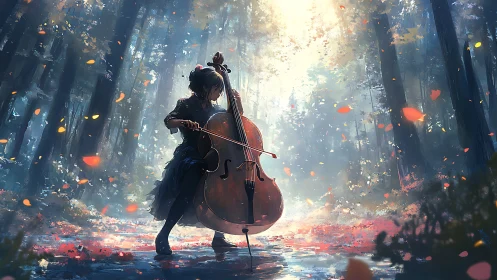 Cellist plays upright bass in misty forest clearing with light