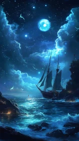 Moonlit galleon sailing through luminous celestial tides.