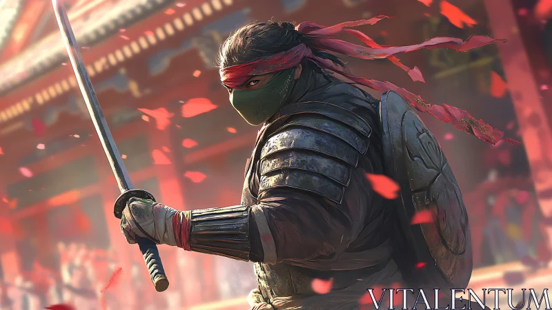 Armored swordsman pivots mid-swing amid red petal motion blur