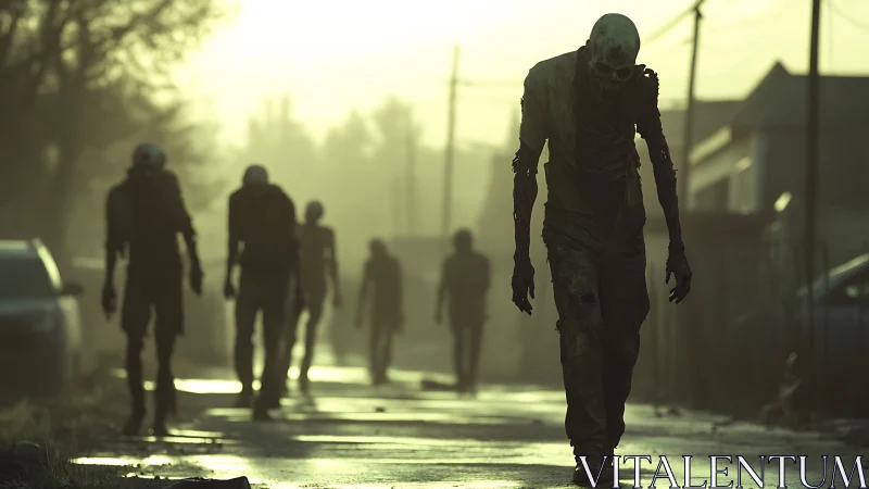 Rotting zombies advance through foggy ruined street at dawn.