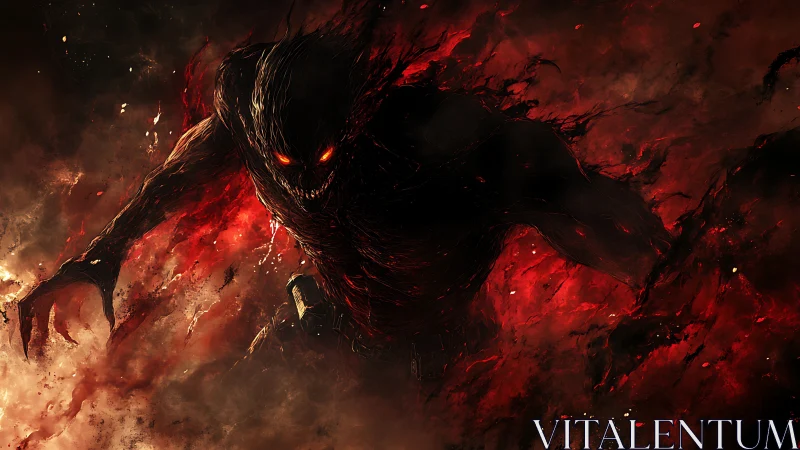 Demonic shadow creature lunging from fiery red darkness.