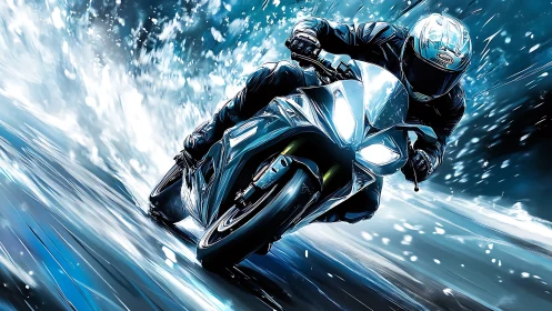 Motorcycle rider leans into high-speed turn on wet roadway