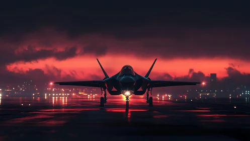 Stealth fighter framed against high-contrast neon dusk horizon