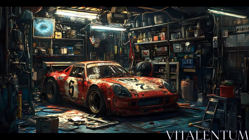 Racing car with number 5 sits damaged inside cluttered workshop