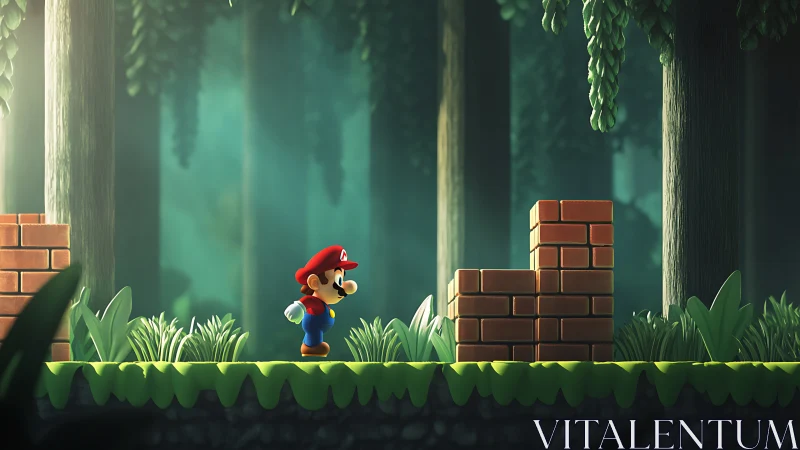 Mario explores lush forest realm amid crumbling brick structures.