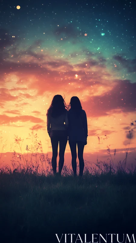 Silhouetted figures beneath multicolored twilight and stars.