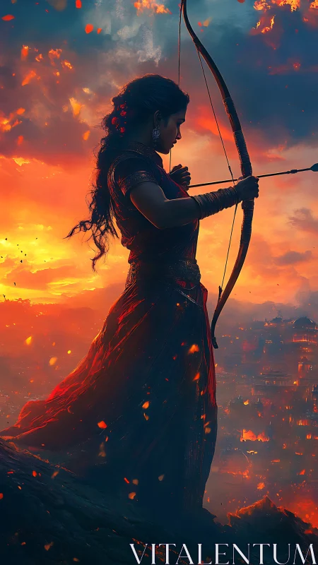 Sunset archer poised above a glowing ember-lit cityscape.