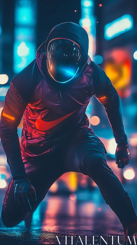 Hooded neon runner in reflective helmet on wet street.
