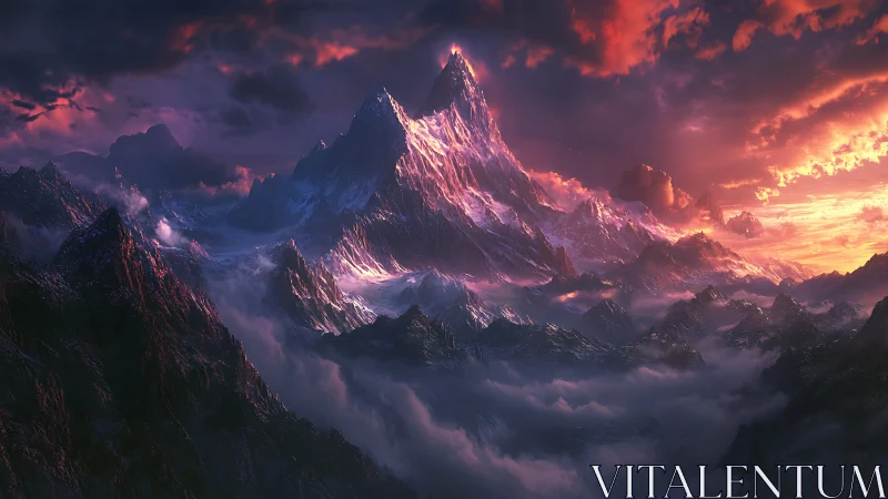 Dramatic fantasy mountain range under vivid sunset sky.