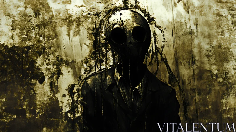 Shadowed figure in a dripping mask invites eerie curiosity.