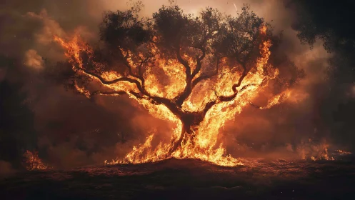Majestic Tree Engulfed in Brilliant Flames and Smoke