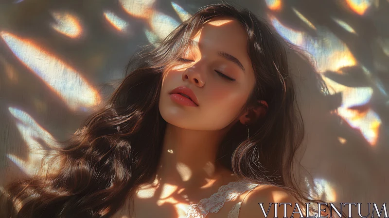 Dreamy portrait under iridescent dappled sunlight glow.