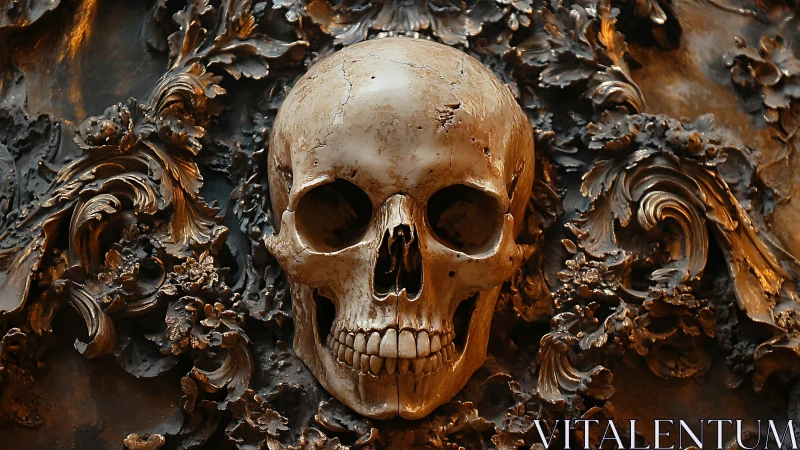 Human skull sculpture amid ornate metallic floral relief.