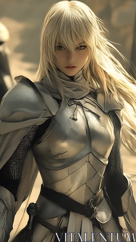 Blonde armored warrior stands in sunlight with focused gaze