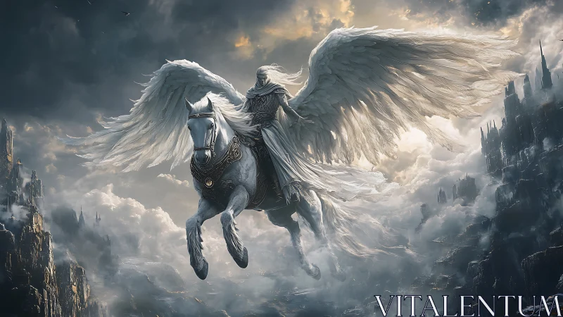 Winged armored rider on white pegasus above cloudy chasm.