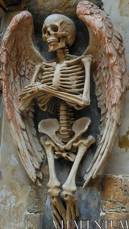 Ossified winged skeleton relief with baroque funerary detailing.