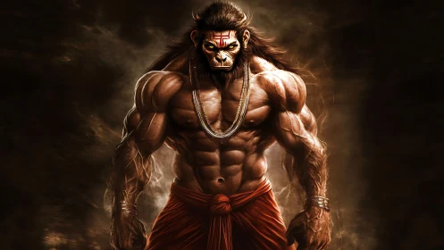 Muscular mythic warrior with simian face in dark setting.