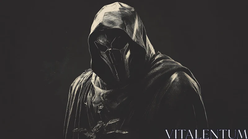 Cloaked metallic wraith in monochrome digital painting profile.