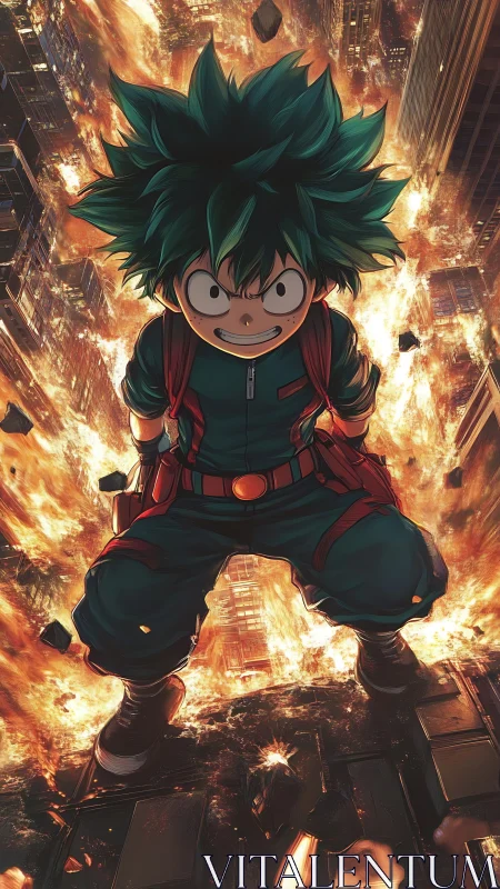 Explosive urban descent with green-haired anime hero midair