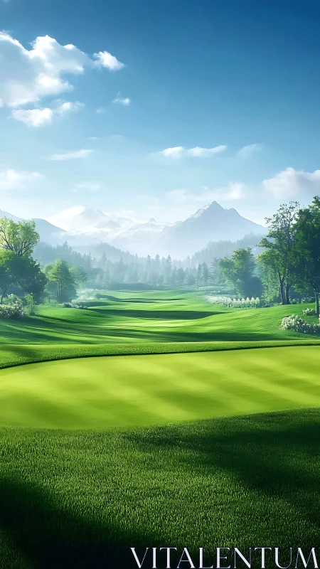 Mountain valley golf fairway under clear blue morning sky