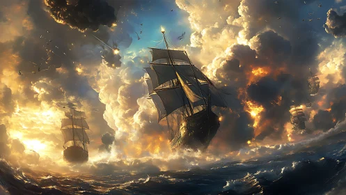 Storm-lit tall ships sail through erupting clouds of fire.