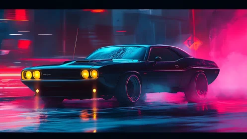 Muscle car moves through neon-lit street with colored smoke