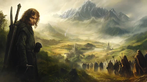 Young wanderer leads a hopeful fellowship into misty mountains.