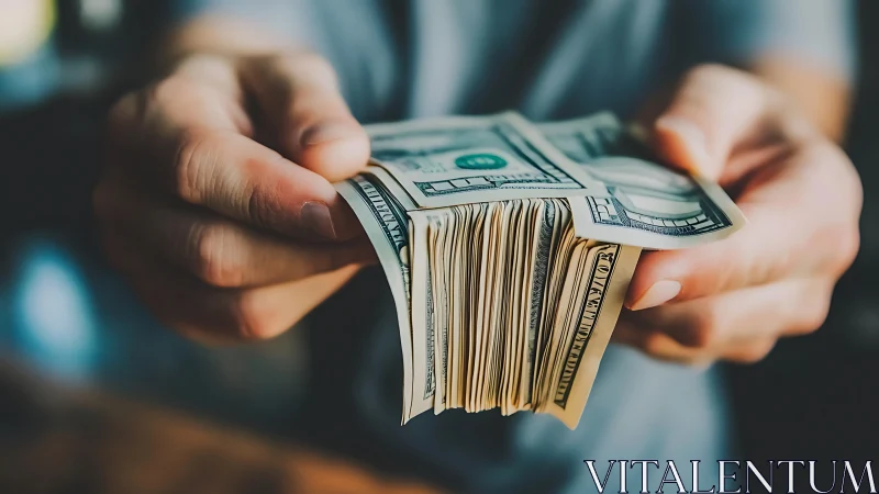 Hands extend a thick wad of cash in a bold financial gesture