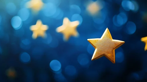 Golden star closeup against blue festive bokeh background.