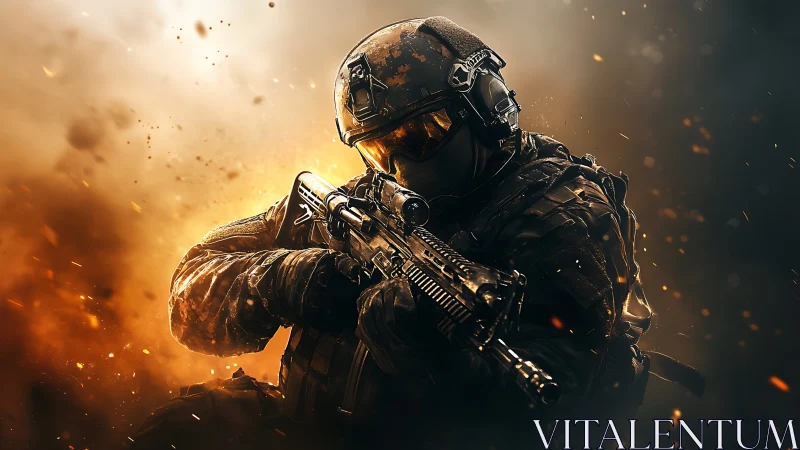 Tactical soldier aims rifle amid explosive backlight.