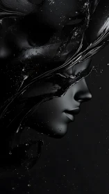 Liquid obsidian profile merges human form with fluid shadows.
