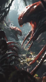 Strange jungle predators lurking in a misty alien gorge.
