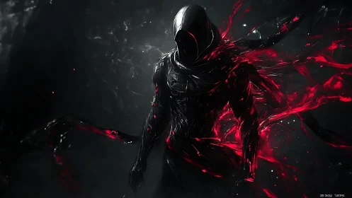 Hooded humanoid figure in dark abstract red energy field.