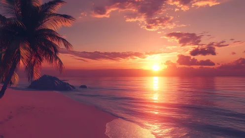Sunset over calm ocean with palm-fringed sandy shoreline.