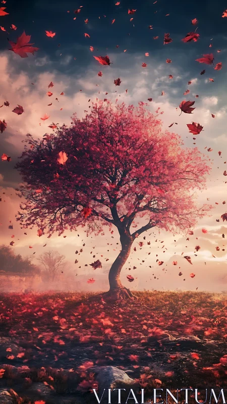 Solitary crimson tree sheds autumn leaves in a cinematic gale