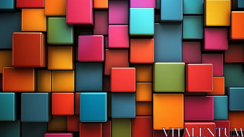 Layered glossy cubes in bold geometric color grid pattern.