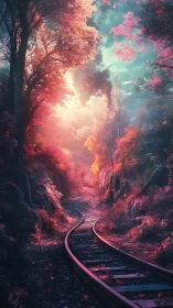 Curved railway recedes through saturated bicolor atmospheric forest