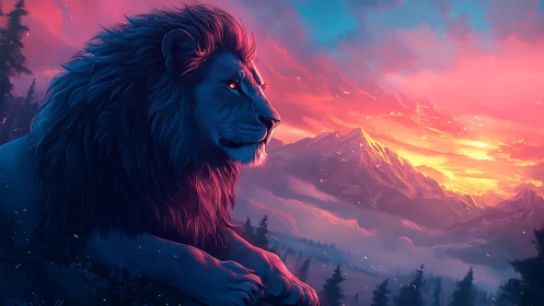 Majestic lion quietly watches glowing mountains at sunset