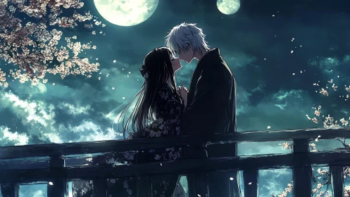 Lunar backlit kiss on bridge with drifting sakura petals.