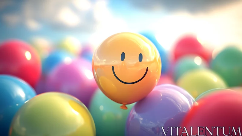 Smiley face balloon floats among colorful glossy balloons