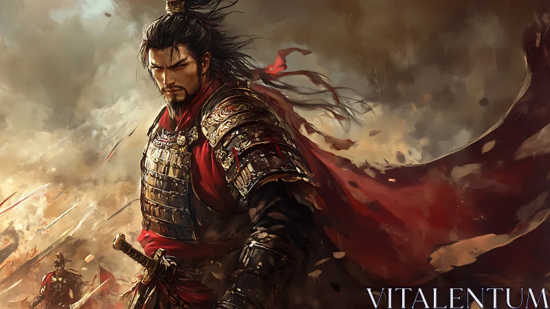 Warlord in ornate armor commands storm-swept battlefield