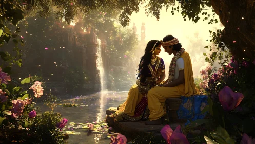 Enchanted riverside lovers in golden mystical twilight garden.