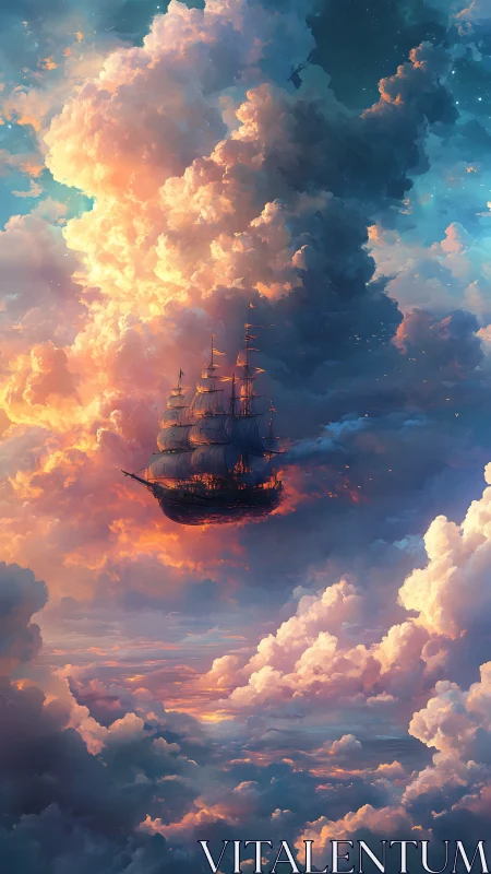 Baroque flying galleon crossing luminous cumulonimbus sky